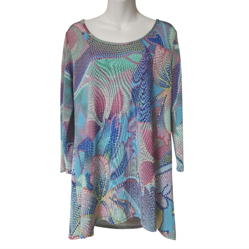 Clara Sun Woo Colorful Abstract Patterned Tunic Top Made In USA SZ M